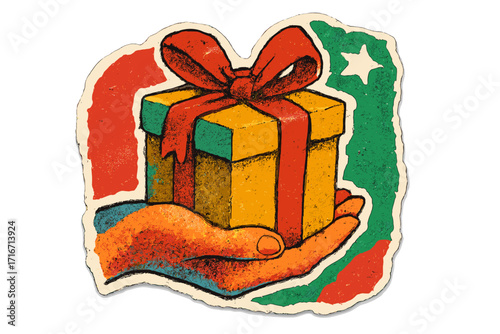 Hand giving gift box. Colorful mixed media collage design. Vector illustration with vintage retro paper texture and halftone effect. Concept for Christmas, birthday, celebration.