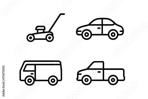 Lawn mower and vehicle icon set. Line drawing symbols for transport and gardening themes. Includes car, van, and pickup truck. Simple vector illustration for web and mobile.