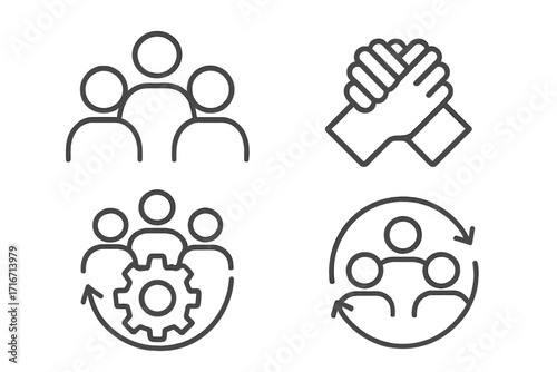 Teamwork and collaboration icon set. Linear style icons for business partnership, team management, workflow, and communication. Vector graphic of people working together.