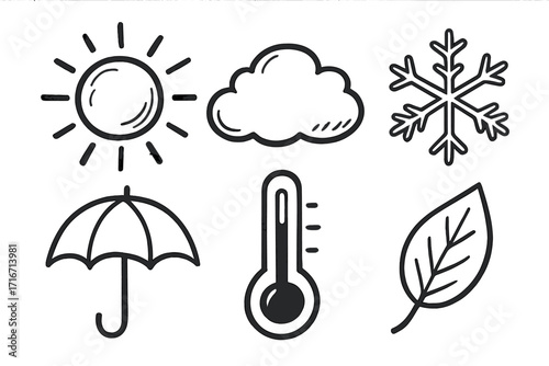 Hand drawn weather icons set. Doodle sketch style vector collection. Sun for summer, cloud, snowflake for winter, umbrella for rain, leaf for autumn, and thermometer.