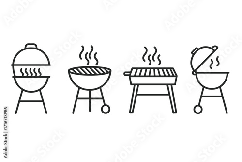 Barbecue grill icon set. Linear BBQ equipment for cooking. Vector outline symbols of charcoal grills for summer picnic and cookout. Minimalist grilling pictograms collection.