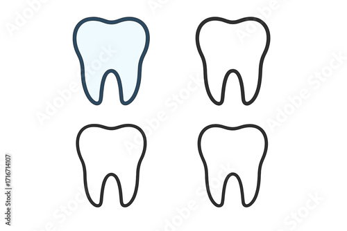 Tooth icon set vector. Dental clinic logo symbol collection. Flat and linear teeth design elements. Dentistry, stomatology, oral hygiene and health care cartoon illustration.