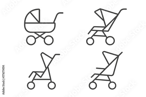 Baby carriage and stroller minimalist icon set. Linear style vector illustration. Pram, buggy, pushchair symbols for newborn care. Motherhood, parenthood concept design.