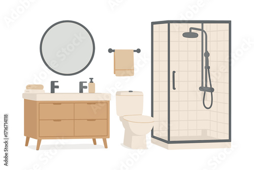 Modern bathroom furniture set. Interior design elements. Shower cabin, toilet, vanity with double sink, mirror, and towel. Home decor hygiene concept. Flat vector illustration.