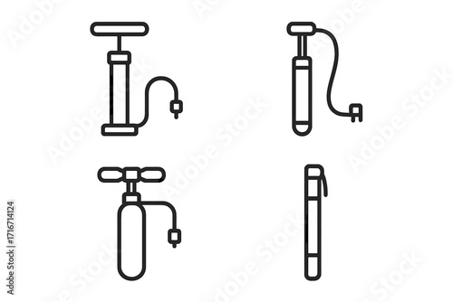 Bicycle pump icons set. Minimalist line art for bike repair and maintenance. Vector symbols for inflating tires. Manual air pump and inflation tool collection for cycling.