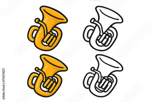 Tuba vector icon set. Musical instrument symbol collection. Cartoon illustration of a brass wind instrument. Golden tuba and line art for orchestra, jazz, or band design.