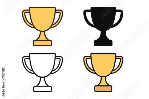 Trophy cup icon set for winner and champion. Golden award for victory, success and achievement. Prize for first place in competition or contest. Flat, silhouette, line art style.