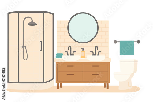 Modern bathroom interior design with furniture. Flat vector illustration of a shower cabin, toilet, double sink vanity with mirror. Home apartment hygiene and decor concept.