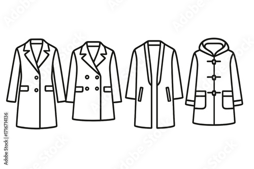 Minimalist coat designs. Simple linear illustrations of stylish outerwear. Set of vector icons for fashion and apparel. Line art collection of different coats and jackets.