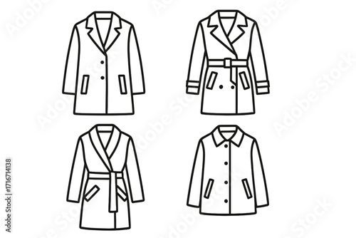 Minimalist coat designs set. Simple linear illustrations of stylish outerwear. Vector collection of fashion icons. Includes trench coat, jacket, overcoat. Line art style.