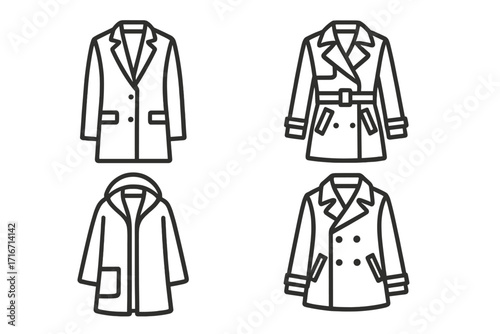 Minimalist coat icon set. Simple linear illustrations of stylish outerwear. Vector collection of fashion apparel, including trench coat, pea coat, and hooded jacket.