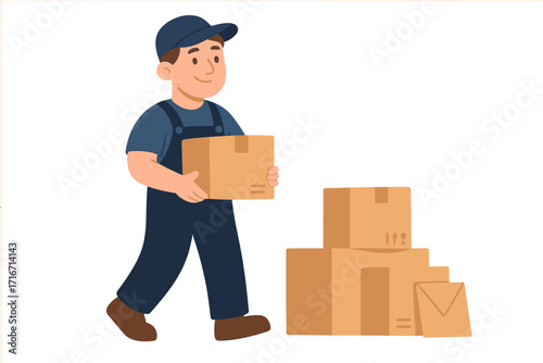 Mover man character in uniform carrying cardboard box. Delivery service worker, loader for transport company. Relocation and moving day concept. Vector illustration.