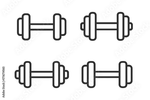 Dumbbell icon set in minimalist line art style. Vector collection for fitness, gym, and workout design. Simple weightlifting and bodybuilding equipment symbols for exercise.