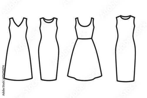 Collection of simple dress outlines for fashion design and sewing patterns. Vector set of female garment silhouettes. Minimalist icons of different dress styles for apparel.