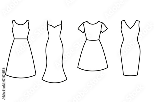 Minimalist dress outlines set for fashion design and sewing projects. Vector illustration collection of women's apparel templates, evening gown, summer, and cocktail dresses.