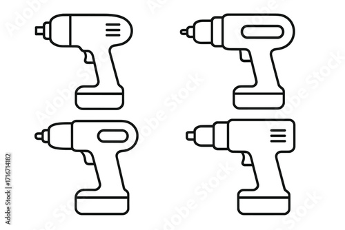 Cordless drill outline icon set. Power tool vector collection for construction, repair, DIY. Carpentry workshop equipment symbol. Electric screwdriver pictogram illustration.