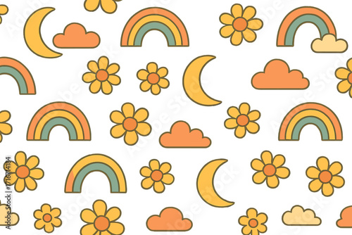 Retro summer sky seamless pattern with childish wavy rainbows, crescent moon, clouds, and hippie flowers, contour geometric vector design for nursery, baby fashion, and kids decor