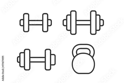 Dumbbell and kettlebell line icon set for fitness and gym. Vector illustration of weightlifting equipment symbols for workout, exercise, and strength training. Simple black outline pictograms.