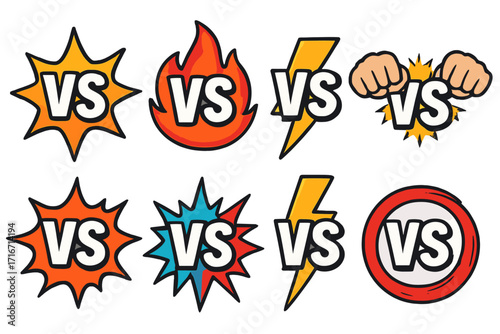 Versus icons set. VS letters logo for battle, fight, game, sport competition. Comic style conflict, confrontation symbols. Fire, lightning, explosion, punch, fist emblem.