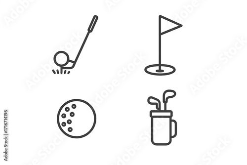 Golf icon set. Minimalist line art vector illustration. Simple black outline symbols for sport and leisure. Includes golf club, ball, tee, flag in hole, and bag. Sport equipment pictogram collection.