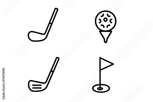 Golf icon set. Minimalist golf club, ball, and flag icons. Simple black line design for sport enthusiasts. Vector cartoon illustration. Golfing equipment symbol collection.