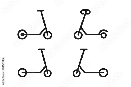 Scooter line icon set. Minimalist symbols for electric and manual kick scooters. Urban mobility and eco-friendly transport concept. Simple black vector signs for web design.