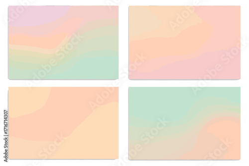 Set of four muted wallpapers with grainy gradient textures. Abstract pastel color blurred wavy background illustrations. Modern soft focus design elements for web and print.