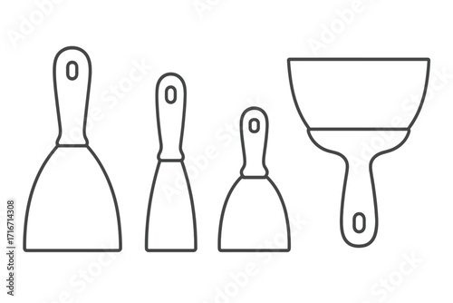 Set of putty knives, scrapers. Line art icons for construction, DIY. Vector illustration of spatula tools for plastering, filling, home improvement, repair work. Isolated.