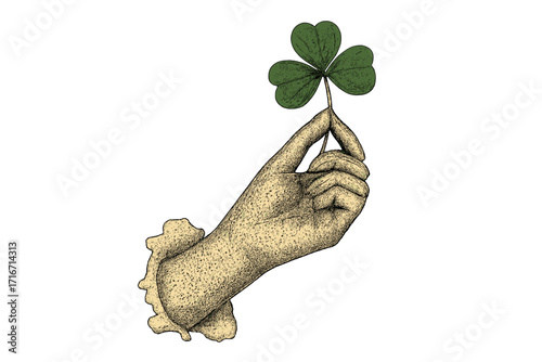Vintage halftone collage of a hand holding a clover leaf. Female torn paper arm with green shamrock, a symbol of good luck and success. Vector illustration for St. Patrick's day.