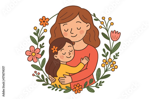 Mother and daughter hug in floral wreath. Happy Mothers Day card design. Cute cartoon vector illustration of family love, motherhood, and parent child bond. Tender moment.