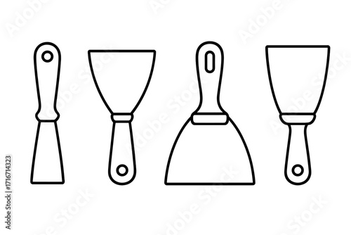 Set of putty knife line art icons. Spatula and scraper tool collection for construction and plastering. DIY, home improvement, wall repair, and renovation symbols vector.