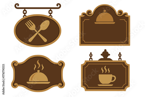 Vintage restaurant signboard icon set. Retro cafe banner templates with paper texture. Vector collection of hanging signs for food and drinks with fork, spoon, and coffee icons.
