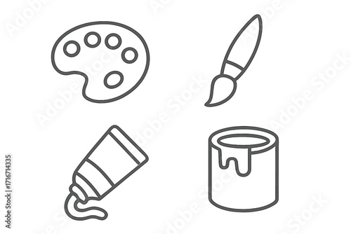 Minimalist line art paint and brush icon set. Vector illustration of artist tools including palette, paintbrush, paint tube, and can. Creative hobby and art supplies concept.