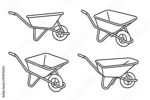 Wheelbarrow line art icon set for garden and construction. Vector illustration of minimalist equipment. Outline drawing of a garden cart tool for manual labor projects.