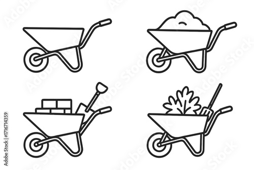 Wheelbarrow line art icon set for gardening & construction. Vector barrow with soil, bricks, shovel, plant, fork. Minimalist outline symbol for garden, farm, building work.