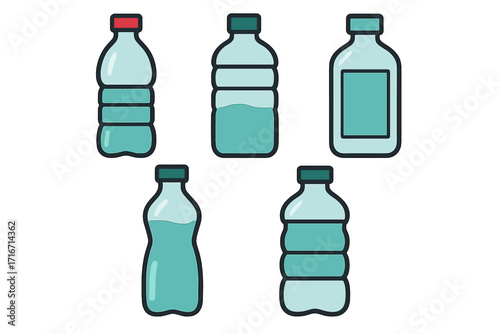 Plastic water bottle vector icon set. Flat cartoon illustration of different beverage containers. Mineral water packaging design elements. Concept for recycling, environment.