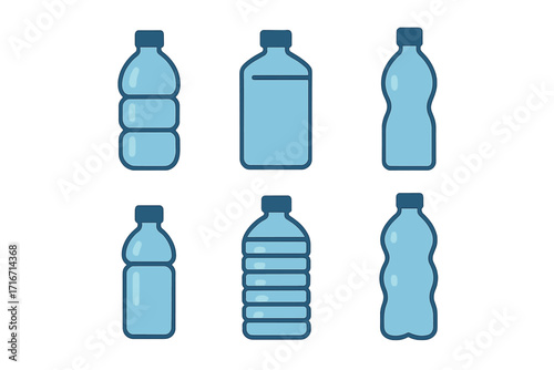 Plastic water bottle icon set. Vector illustration of different shaped containers. Simple flat design collection. Concept for recycling, environment, pollution, and liquid.