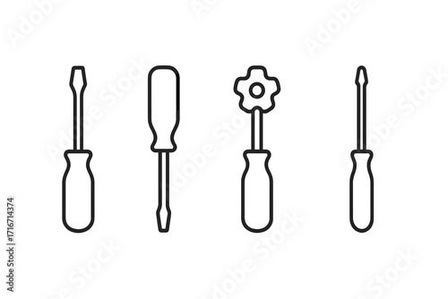 Screwdriver line icon set. Vector tools collection for repair and construction. Minimalist outline symbols for mechanic workshop. Flathead, phillips and specialty bit.