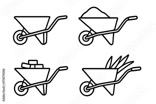 Wheelbarrow line art icon set for construction and gardening. Minimalist vector illustration of a cart with dirt, bricks, and garden waste. Building and landscaping tool.