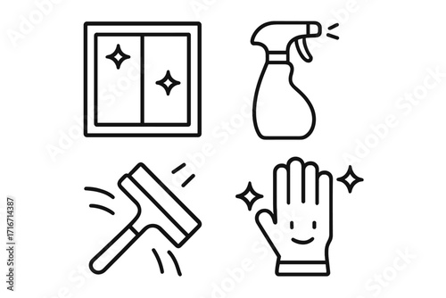 Window cleaning service icon set. Linear vector illustration for housekeeping chores. Includes squeegee, spray bottle, detergent symbol, and sparkling clean glass.