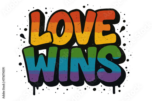 Love wins lettering saying in urban graffiti style. LGBT pride month concept. Rainbow colors typography. Textured vector illustration for print. Gay rights equality support.