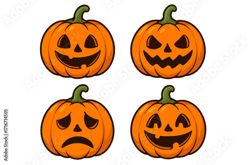 Set of cute cartoon pumpkin jack o'lantern characters with various emotions. Halloween vector illustration collection with happy, sad, and scary faces for festive design.