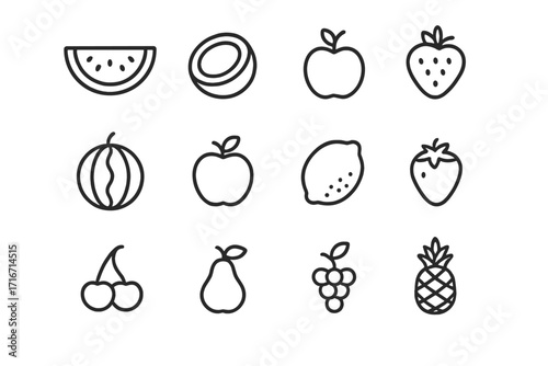 Watermelon coconut grape apple strawberry cherry pear lemon pineapple fruit outline icons collection, editable stroke minimalistic linear pictograms for cards apps banners design