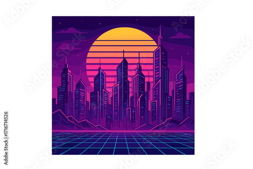 Retro futuristic 1980s style city landscape with skyscrapers. Digital cyber surface with grid. Synthwave music album cover template. Neon sunset and night sky background.