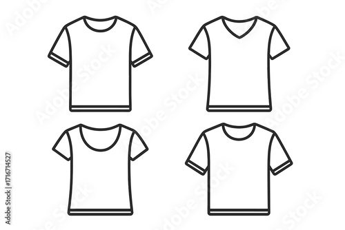 T-shirt outline vector icon set. Blank apparel mockup collection. Minimalist clothing templates with various necklines. Fashion design element. Garment illustration for men and women.