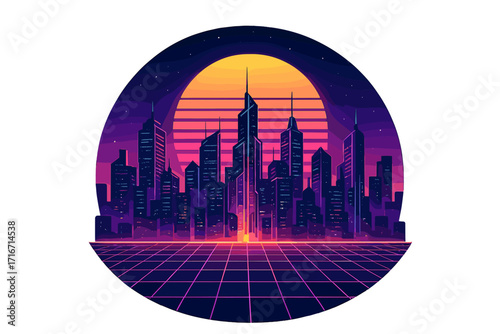 Retro futuristic 80s synthwave cityscape with neon skyscrapers and digital grid. Cyberpunk metropolis sunset landscape background. Vector art for music album cover or poster.