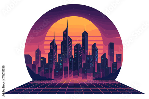 Retro futuristic city landscape in 1980s style. Synthwave music album cover with a digital cyber surface. Skyscraper city against a neon sunset background. Vintage 80s.