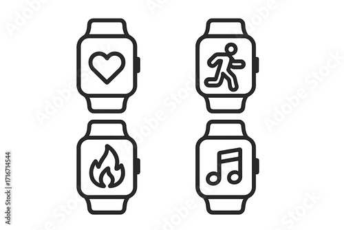 Smartwatch fitness and music icon set. Vector line art for health tracker, heart rate monitor, running app, calorie counter, and media player UI. Minimalist design.