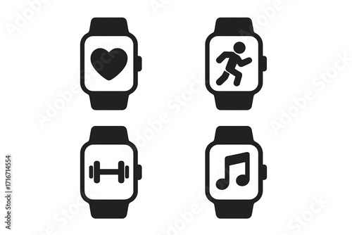 Smartwatch fitness tracker app icon set. Vector UI symbols for health monitoring, heart rate, running, gym workout, and music player on wearable technology screen.