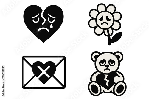Sad Anti-Valentines Day icon set in trendy Y2K style. Groovy emo vector graphics. Crying broken heart, sad flower, and teddy bear. Minimalistic heartbreak symbols.